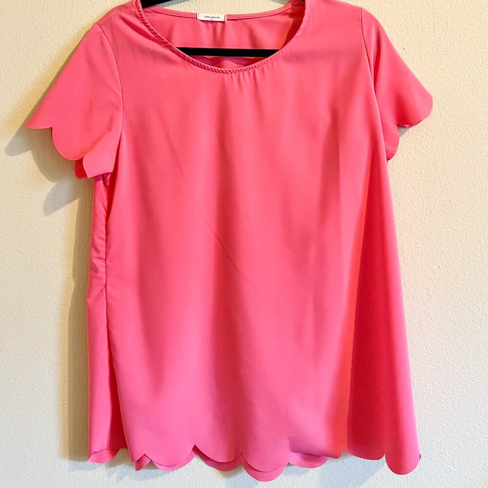 12PM by Mon Ami Pink Short Sleeve Blouse Scalloped Hem Top